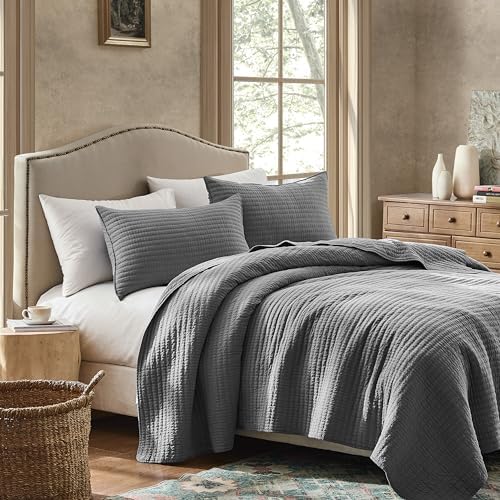 WDCOZY 100% Cotton Queen Size Quilt Set, Channel Pick Stitch, Grey