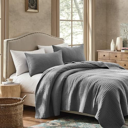 WDCOZY 100% Cotton King Size Quilt Set, Channel Pick Stitch, Grey