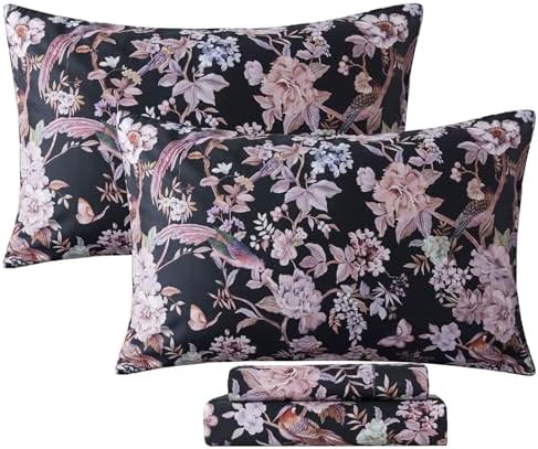 FADFAY California King Sheet Set,4-Piece 100% Cotton, Vintage Black Floral & Bird Print Bedding, Deep Pocket Fitted Sheet, Soft & Breathable for All Seasons