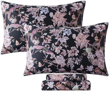 FADFAY California King Sheet Set,4-Piece 100% Cotton, Vintage Black Floral & Bird Print Bedding, Deep Pocket Fitted Sheet, Soft & Breathable for All Seasons