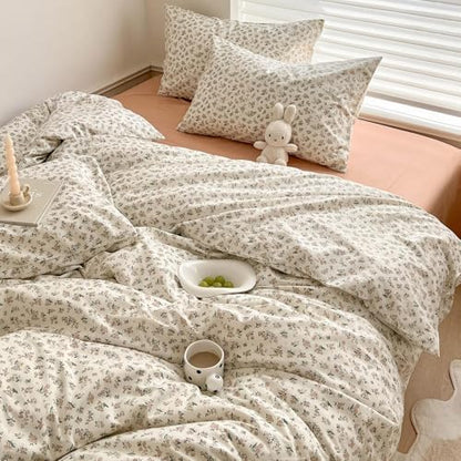 Boho Floral Duvet Cover Twin XL Aesthetic Cotton Floral Bedding Set Off White Vintage Garden Floral Comforter Cover Pink Flower Botanical French Style Duvet Cover Cottagecore Bedding Set Twin XL