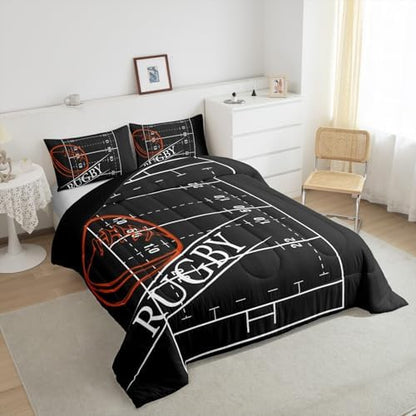 Erosebridal Boys Rugby Full Size Comforter Set for Kids Child Sports Theme Bedding Set, Ball Gamer Down Comforter Black Reversible Bed Set, Soccer Football Quilted Duvet, Ultra Soft