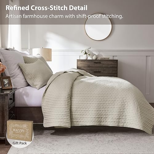 WDCOZY Beige Cross Stitch King Size Quilt Set, Netural Striped Lightweight Soft Bedspread, Channel Farmhouse Rustic Coverlet, All Season Country Bedding, Thin Comforter