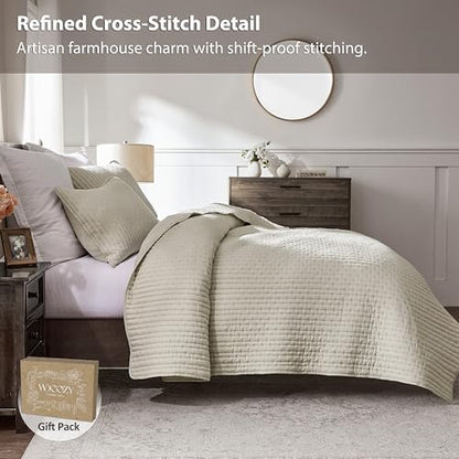 WDCOZY Beige Cross Stitch King Size Quilt Set, Netural Striped Lightweight Soft Bedspread, Channel Farmhouse Rustic Coverlet, All Season Country Bedding, Thin Comforter