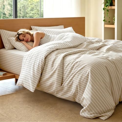 Nayoroom Striped Comforter Set King Reversible Brown White Stripe Bedding