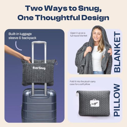 EverSnug Travel Blanket & Pillow 68x42 - Premium Ultra-Soft Microfleece 2 in 1 Compact & Packable Flight Blanket with Soft Bag Pillowcase, Hand Luggage Sleeve and Backpack Clip (Grey)