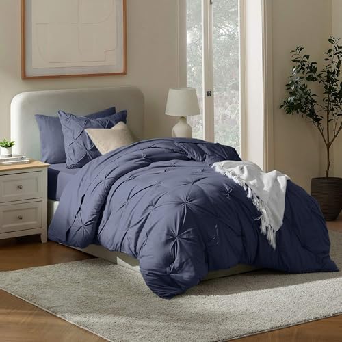 Nestl 7 Piece Twin XL Comforter Set – Navy Pinch Pleated Bed in a Bag – Complete Twin XL Size Bedding Set with Sheets, Set of 2 Cooling Pillows, Pillowcase and Sham