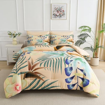 Yogeneg 7 Piece Bed in a Bag Queen Size Comforter Set Khaki Bedding Set,Yellow Floral Green Leaves Pattern Reversible Design,Soft Microfiber Comforter with Sheet Set,All Season(Khaki,Queen)