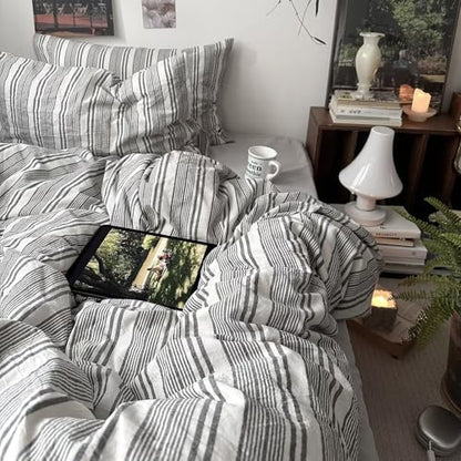 mixinni Vintage Grey & White Striped Comforter Set Twin XL Size - Soft Washed Cotton 3-Piece Neutral Bedding Set, Retro Geometric Pattern, All-Season Breathable & Fluffy for Men, Boys