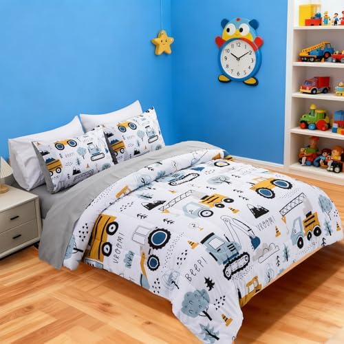 Boy Full Bedding Set, Construction Truck Excavator Comforter Set with Sheet