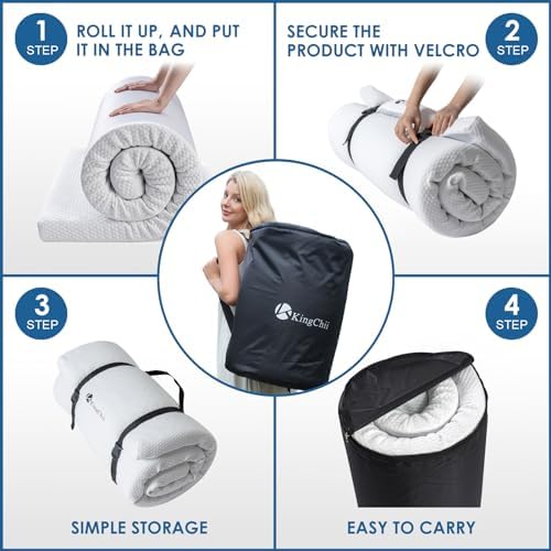 KingChii Memory Foam Camping Mattress, Portable Roll Up Sleeping Pad for Road Trip, Floor Mat Roll Up Futon Mattress for Guests Sleepoverr