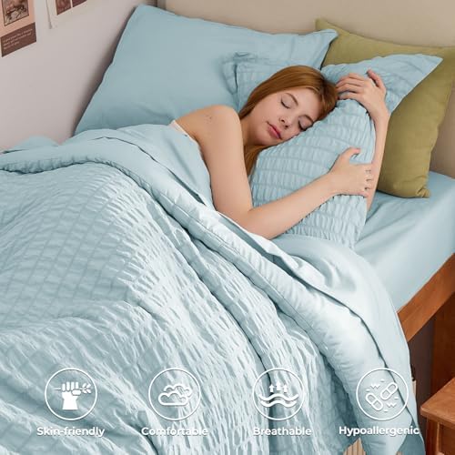 HYMOKEGE Lake Blue Twin Comforter Set Seersucker 5 Pieces, All Season Luxury Bed in a Bag for Bedroom, Bedding Set with Comforters, Sheets, Pillowcase & Shams