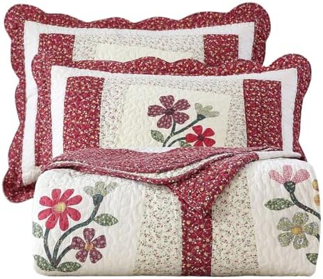 vctops Christmas Red 3 Piece Embroidered Floral Quilted Bedspread Quilt Set 100% Cotton Reversible Patchwork Coverlet Set 1 Quilt and 2 Pillow Shams (Red,King)