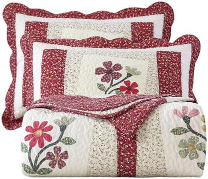 vctops Christmas Red 3 Piece Embroidered Floral Quilted Bedspread Quilt Set 100% Cotton Reversible Patchwork Coverlet Set 1 Quilt and 2 Pillow Shams (Red,King)