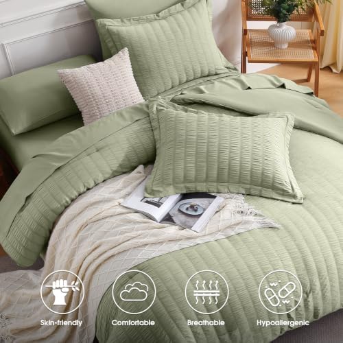 FreshCulture Comforter Set Seersucker 7 Pieces, All Season Bedding Set King, Bed in a Bag Comforter Set with 1 Comforter, 1 Flat Sheet, 1 Fitted Sheet, 2 Pillowcases and 2 Pillow Shams, Sage