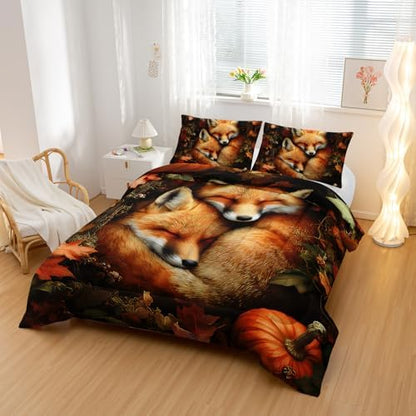 Nttopship Fox Comforter Set 3-Pieces Twin Size,Cute Foxes Bedding Set for Kids Boys Girls Cute Animal Comforter Wildlife Quilt Set 3D Animal Plants Leaves Printed ThemeComforter with 2 Pillowcases