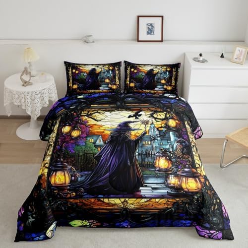Fairy Witch Kids Comforter Set King Size,Halloween Lamp Gothic Magical Castle Bedding Set,Girls Boys Room Decor,Geometric Patchwork Glass Painting Quilt Comforter,Retro Duvet Insert,2 Pillowcases