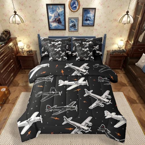 Erosebridal Boys Cartoon Airplane King Bed in A Bag, Modern Aircraft Comforter Set with Sheets, Black and White 7 Pcs Bedding Set, Aviation Theme Bed Sets for Kids Men Bedroom Decor