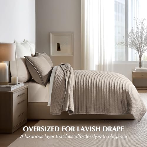 EVERGRACEHOME Cotton Sateen Quilt Set, Oversized Cal King, Stone Taupe