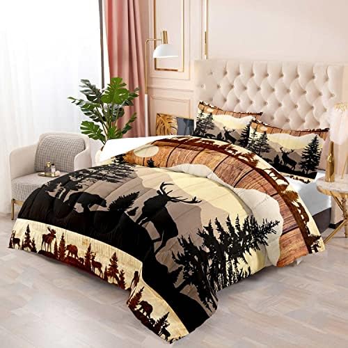 LUVIVIHOME 2PCS Black Bear Deer Comforter Set, Brown Twin Comforter, Pine Tree Mountain Woodland Forest Animal Elk Moose Wildlife Hunting Cabin Lodge Country Rustic Farmhouse Bedding, 1 Pillow Sham