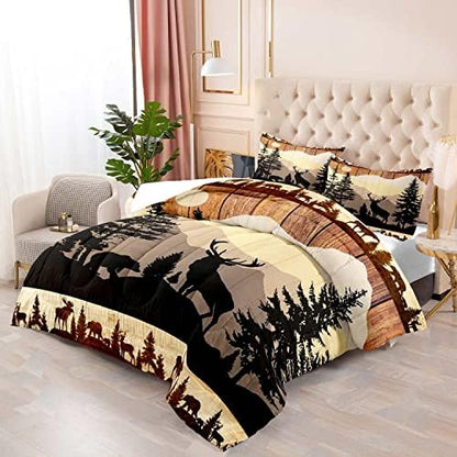 LUVIVIHOME 2PCS Black Bear Deer Comforter Set, Brown Twin Comforter, Pine Tree Mountain Woodland Forest Animal Elk Moose Wildlife Hunting Cabin Lodge Country Rustic Farmhouse Bedding, 1 Pillow Sham