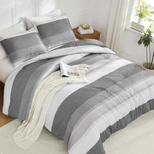 Litanika Dark Grey Super King Plus Comforter Set - 3 Pieces Stripe Bed Set