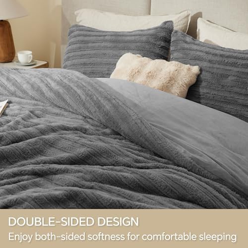 BEDELITE Faux Fur King Size Comforter Set, Fluffy Bed Set, Grey