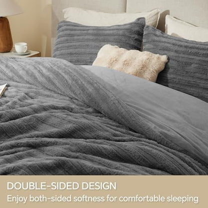 BEDELITE Faux Fur King Size Comforter Set, Fluffy Bed Set, Grey