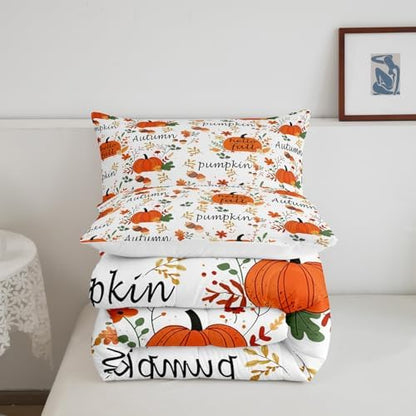 Homewish Pumpkin Pattern Comforter Set,Happy Fall Bedding Set for Kids Girls Boys,Teens Adults Autumn Leaves Comforter,Harvest Season Quilted Duvet Set Bedroom Collection Twin Size 2Pcs