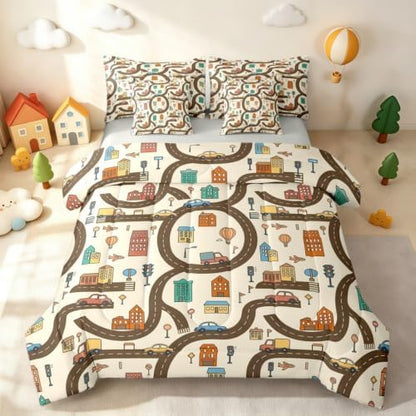 Erosebridal 7 Pcs Cartoon Car Kids King Bedding Set Cityscape City Car Comforter Set with Sheets for Boys Teens Men Funny House Building Road Map Bed in A Bag Modern Transportation Vehicle Bed Sets
