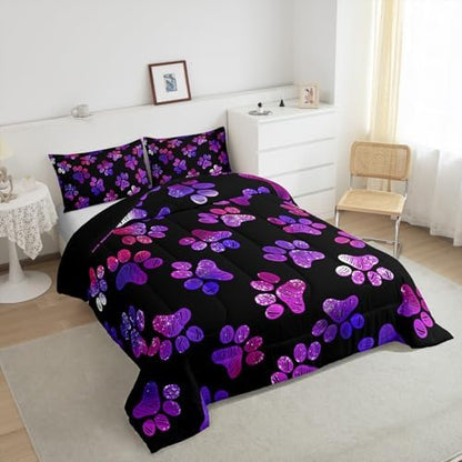 Manfei Dog Lover Comforter Set Full Size Watercolor Dog Paw Print Duvet Insert Animal Theme Bedding Set 3pcs for Kids Boys Girls Room Decor Luxury Polyester Black Quilted Duvet with 2 Pillowcases