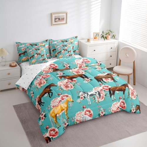 Erosebridal Kids Horse Twin Comforter Set 7 Pieces, Chic Retro Floral Bed in A Bag, Galloping Horse Printed Bedding Set with Comforters, Sheets, Pillowcases Farm Animal Bedroom Decor