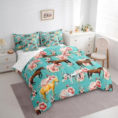 Erosebridal Kids Horse Twin Comforter Set 7 Pieces, Chic Retro Floral Bed in A Bag, Galloping Horse Printed Bedding Set with Comforters, Sheets, Pillowcases Farm Animal Bedroom Decor