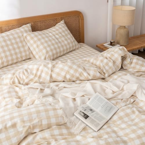 BESTOUCH Gingham Cotton Duvet Cover Set Almond Grey Super Queen