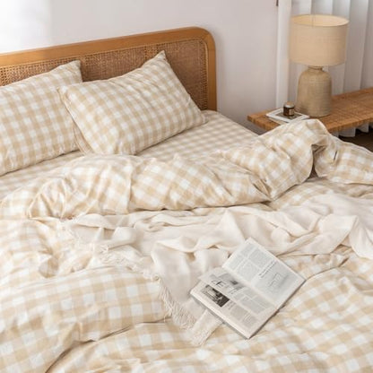 BESTOUCH Gingham Cotton Duvet Cover Set Almond Grey Super Queen