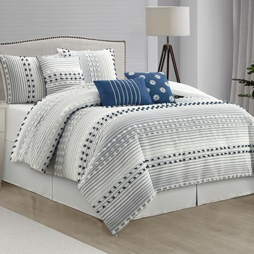 LANCO MODERN LIFESTYLE Queen Comforter Set, Blue, Jacquard Clip Striped Design, Elegant Soft 7 Pieces Bedding Set for All Seasons, Matching Bedskirt, Pillow Shams and Decor Pillows