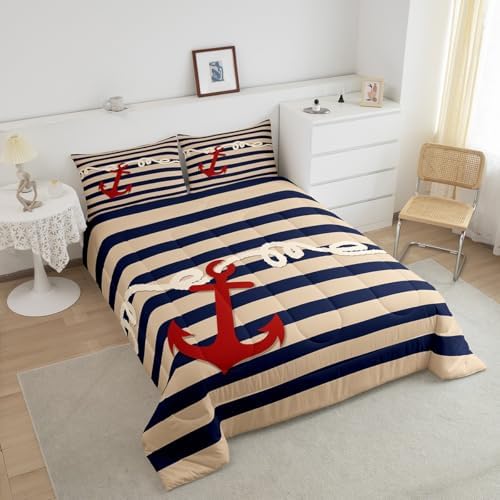 Homewish Anchor King Size Comforter Set,Kids Nautical Red Anchor Decor All Season Bedding Set,Teens Navigation Theme Comforter,Girls Navy Stripes Decor Quilt Set Bedroom Collection 3Pcs