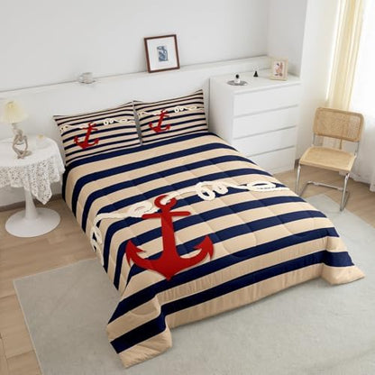 Homewish Anchor King Size Comforter Set,Kids Nautical Red Anchor Decor All Season Bedding Set,Teens Navigation Theme Comforter,Girls Navy Stripes Decor Quilt Set Bedroom Collection 3Pcs