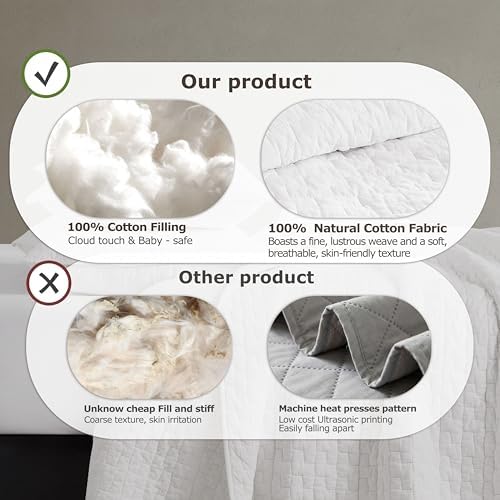 palassio White 100% Cotton Quilt California Cal King Size Bedding Sets with 2 Pillow Shams, Textured Oversized Lightweight Bedspread Shabby Chic Coverlet, Soft Bed Cover for All Season, 3 Pieces