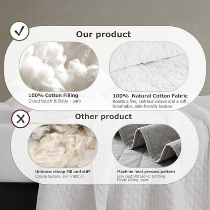 palassio White 100% Cotton Quilt California Cal King Size Bedding Sets with 2 Pillow Shams, Textured Oversized Lightweight Bedspread Shabby Chic Coverlet, Soft Bed Cover for All Season, 3 Pieces