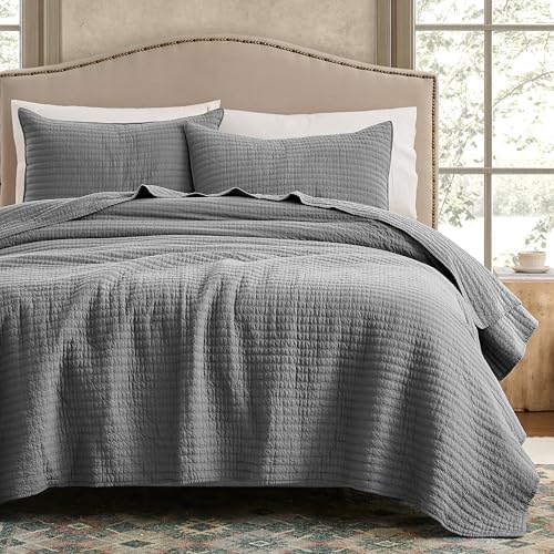 WDCOZY 100% Cotton Queen Size Quilt Set, Channel Pick Stitch, Grey