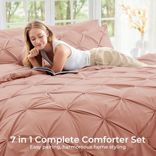 Sasttie Twin Comforter Set, 5-Piece Bed in a Bag, Pintuck Bedding Sets for All Season, Includes Comforter, Flat Sheet, Fitted Sheet, Pillowcase and Pillowsham, Blush
