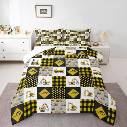 Homewish Yellow Trucks King Size Comforter Set,Kids Crane Excavator Decor All Season Bedding Set,Teens Car Grid Comforter,Under Construction Decor Quilt Set Bedroom Collection 3Pcs