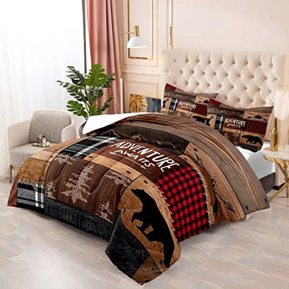 LUVIVIHOME 3PCS Cabin Comforter Set King Size, Rustic Farmhouse Bedding, Black Bear Deer Elk Moose Forest Animal Wildlife Hunting Country Brown Patchwork White Red Plaid Lodge Quilt, 2 Pillow Shams