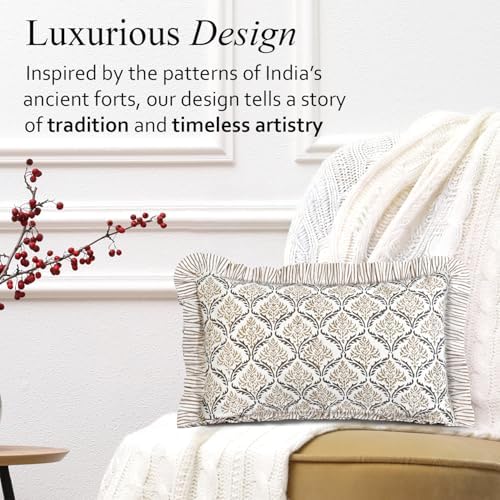 CPC Block Print Sandstone Regal Ruffle Cotton Lumbar Pillow Cover 12x20 inch