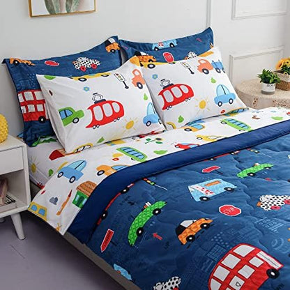 Wajade Cartoon Cars Comforter Set Bed in A Bag Full Size Colorful Cars Bus Van Traffic Lights Bedding Set for Boys Kids (1 Comforter, 1 Flat Sheet, 1 Fitted Sheet, 2 Pillowcase and 2 Pillow Sham)