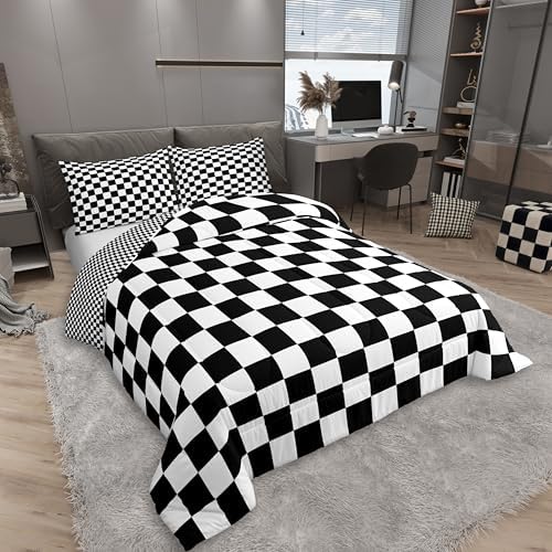 Manfei Black and White Plaid Comforter Set King Size, Reversible Geometric Square Grid Bedding Set 3pcs, Kids Boys Teens Room Decor, Soft Lattice Checkerd Down Comforter for All Season, 2 Pillowcases