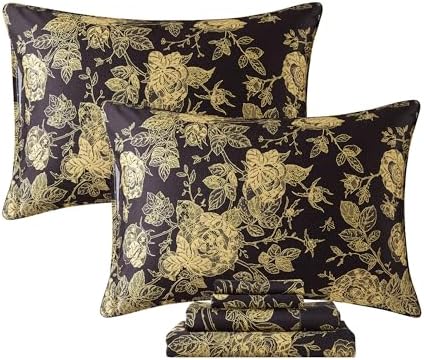 FADFAY Rose Sheets Set Queen Vintage Black Gold Floral Bedding Shabby Peony Botanical Sheets Luxury Farmhouse Bedding 800 Thread Count 100% Egyptian Cotton Deep Pocket Fitted Sheet 4Pcs, Queen Size