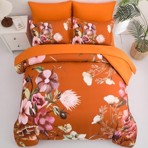 Luxudecor Terracotta Floral Comforter Set Queen Size 7 Piece, Flower Bed in a Bag, Elegant Floral Comforter with Sheet Set, Soft Microfiber Bedding Set for All Season (Terracotta, 90"x90")