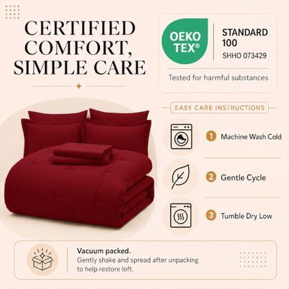 CozyLux Queen Comforter Set Dark Red, 7 Pieces Bed in a Bag